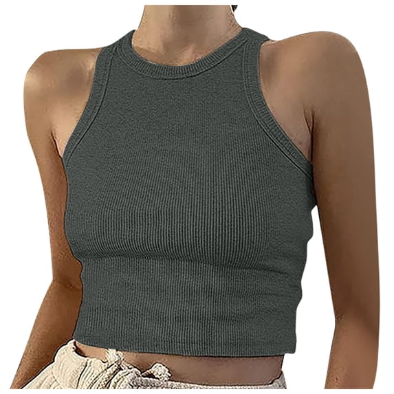 Womens Sleeveless High Neck Racerback Ribbed Knit Fitted Basic Y2k Cropped Tank Top