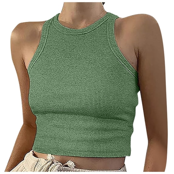 Womens Sleeveless High Neck Racerback Ribbed Knit Fitted Basic Y2k Cropped Tank Top
