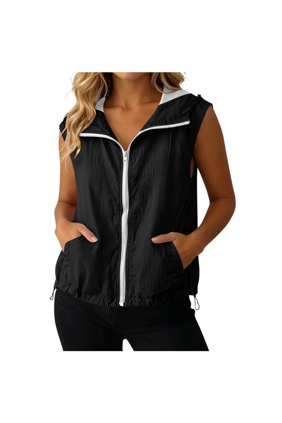 Womens Sleeveless Hooded Vest Lightweight Zip Up Jacket Drawstring Casual Sun Protection Outerwear with Pockets Black M