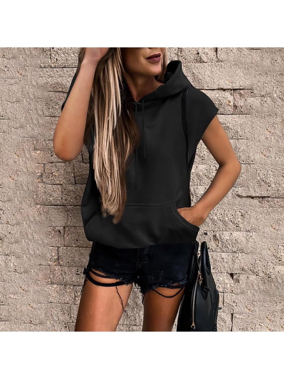 Womens Sleeveless Hoodie Top Drawstring Hooded Pullover Vest with Front Pocket Spring Summer Outings Casual Sweatshirts