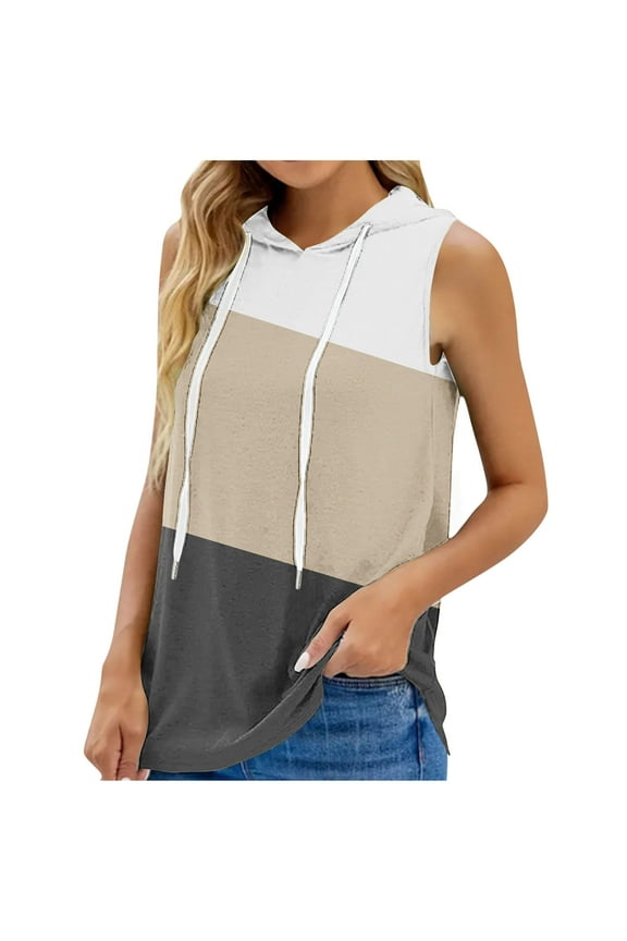 Womens Sleeveless Hoodies Casual Drawstring Lightweight Hooded Sweatshirt Color Block Loose Sports Pullover Tops