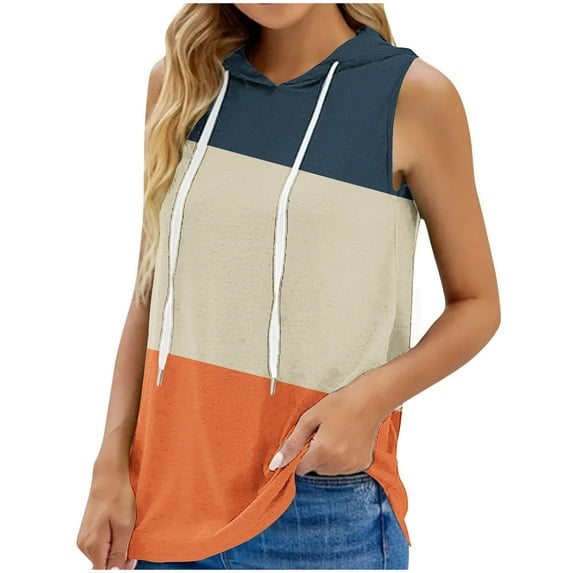 Womens Sleeveless Hoodies Casual Drawstring Lightweight Hooded Sweatshirt Color Block Loose Sports Pullover Tops