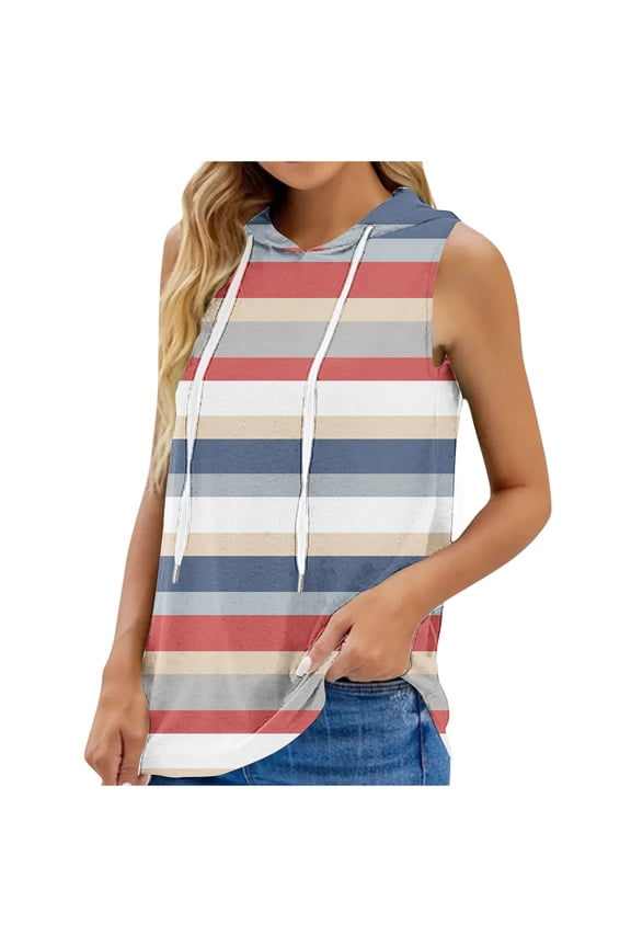 Womens Sleeveless Hoodies Casual Drawstring Lightweight Hooded Sweatshirt Color Block Loose Sports Pullover Tops