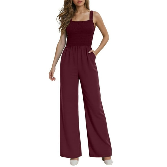 Womens Sleeveless Jumpsuit - Wide Leg Overalls - Petite/Regular/Tall - Elastic Straps - Casual/Work - S-XXL