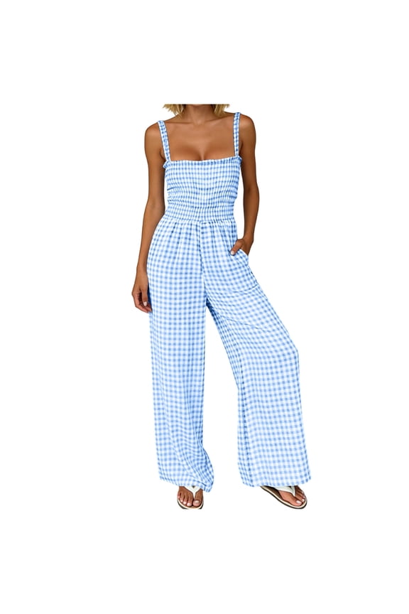 Womens Sleeveless Jumpsuits Classic Plaid Smocked Long Romper Wide Leg Playsuit Travel Summer Clothes (2XL, Light Blue)