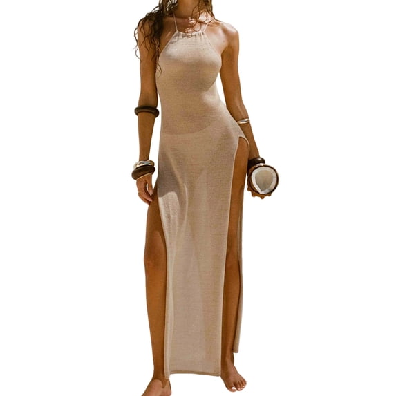 Womens Sleeveless Knit Beach Dress Spaghetti Strap Backless Maxi Gown Vacation Summer Slip Dress Beige M