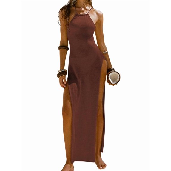 Womens Sleeveless Knit Beach Dress Spaghetti Strap Backless Maxi Gown Vacation Summer Slip Dress Dark Khaki M