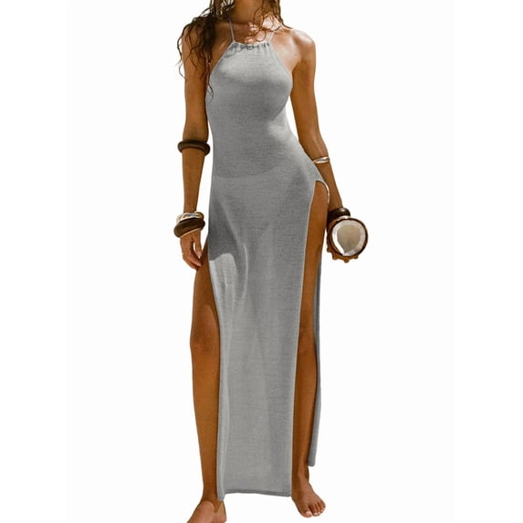 Womens Sleeveless Knit Beach Dress Spaghetti Strap Backless Maxi Gown Vacation Summer Slip Dress Light Gray L