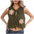 thumbnail image 1 of Womens Sleeveless Knit Sweater Vest Tie Front Ribbed V Neck Y2k Crop Tank Top Flower Pattern Cute Cardigan Blouse (L, Army Green), 1 of 7