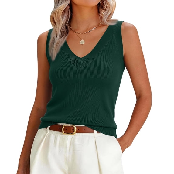 Womens Sleeveless Knit Vest Tops 2026 Summer Casual V Neck Sweater Vest Going Out Tops Trendy,Dark Green M