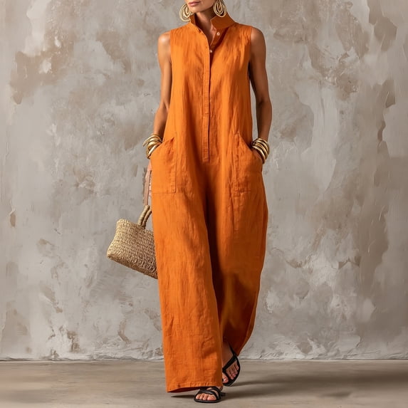 Womens Sleeveless Linen Jumpsuit Casual Loose Fit Wide Leg One Piece Outfit with Pockets, L