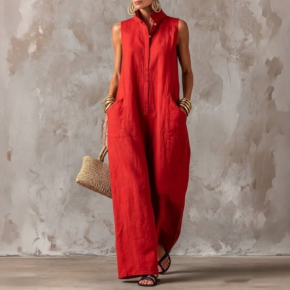 Womens Sleeveless Linen Jumpsuit Casual Loose Fit Wide Leg One Piece Outfit with Pockets, XL