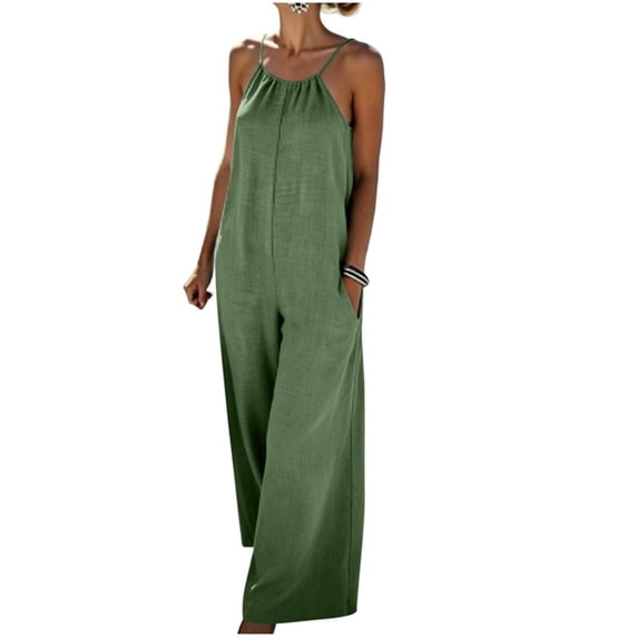 Womens Sleeveless Linen Jumpsuits Spaghetti Strap Wide Leg Jumpsuit Beach Vacation One Piece Overalls Green, L