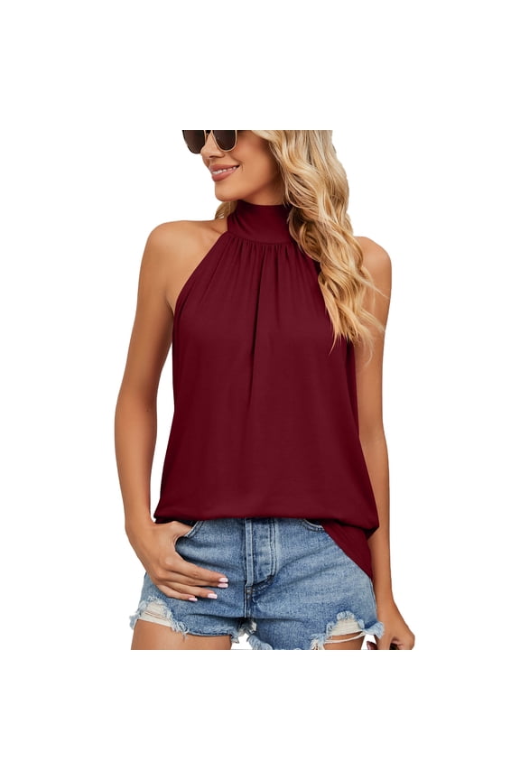 New Womens Sleeveless Mock Neck Halter Tank Tops Tie Back Pleated Casual Keyhole Cami Blouse
