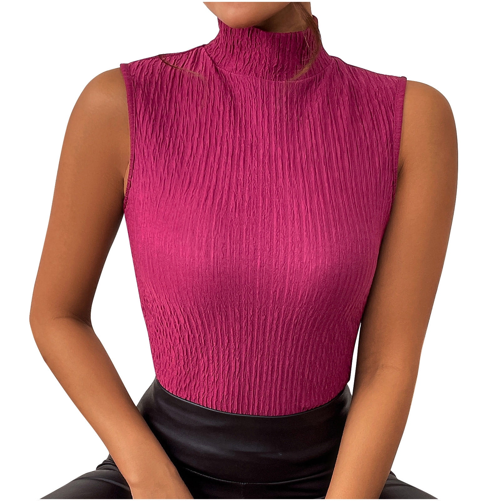 Womens Sleeveless Mock Turtleneck Tank Tops Slim Fitted Ruched Crop Top ...