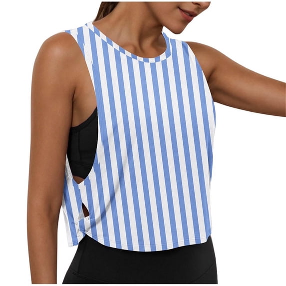 Womens Sleeveless Muscle Tank Tops Striped Crop Workout Shirts for Women, Open Side Deep Armhole Crew Neck Loose Yoga Running Training Summer Stretchy Soft Activewear