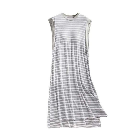 Womens Sleeveless Nightgowns, Stripe Printed Nightshirt Built in Bra, Soft Comfy Cotton Tank Pajama Loungewear Dress Ladies Short Pajamas Skirt Gray L