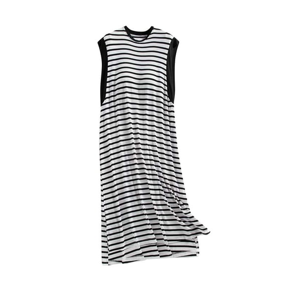 Womens Sleeveless Nightgowns, Stripe Printed Nightshirt Built in Bra, Soft Comfy Cotton Tank Pajama Loungewear Dress Ladies Sleepwear Black XL