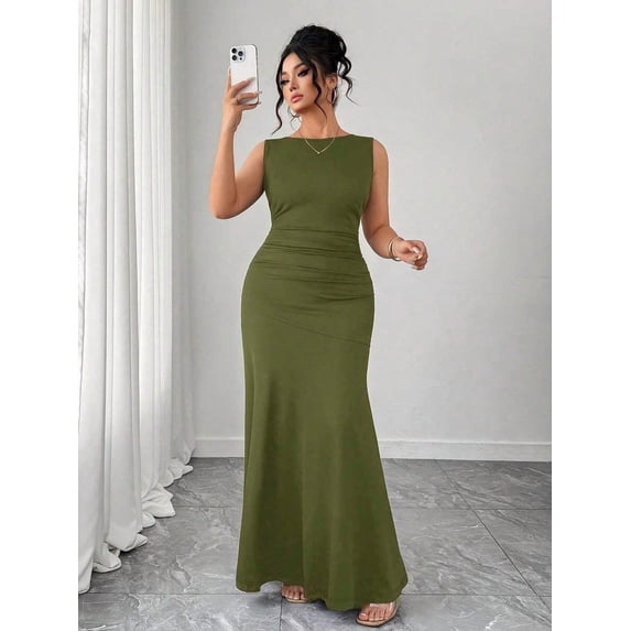 Womens Sleeveless Olive Green Maxi Dress, Round Neck, Ruched Waist, Solid