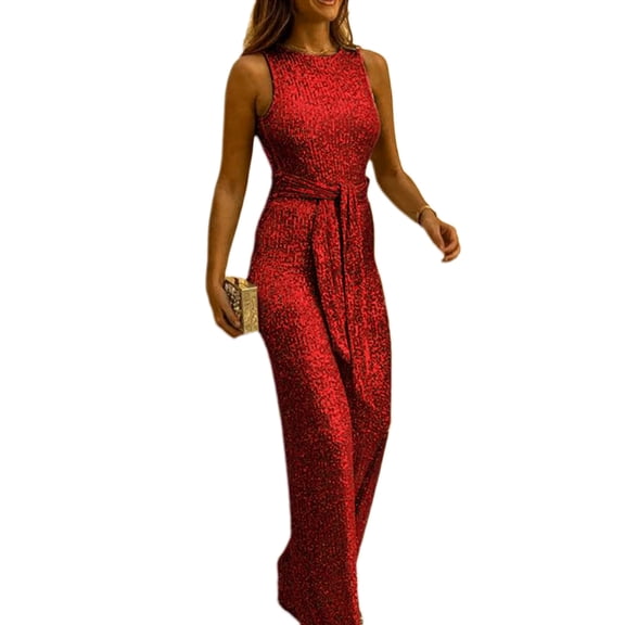 Womens Sleeveless Open Back Long Jumpsuits Glitter Sequins Wide Leg Belted High Waist Romper Cocktail Overall