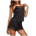 thumbnail image 1 of Womens Sleeveless Pajamas Set Casual Sleepwear Sets Lace V Neck Tops and Lace Shorts 2 Piece Homewear Nightgown Black L, 1 of 4