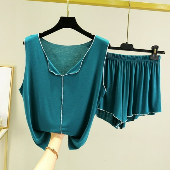 Womens Sleeveless Pajamas Set Soft Casual Sleepwear Tank Tops and Shorts 2 Piece Summer Loungewear Suit Cotton Womens Pajamas Set Green XL