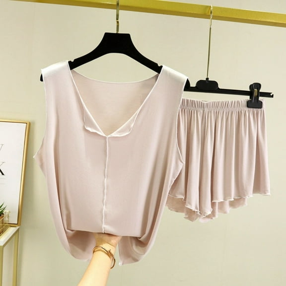 Womens Sleeveless Pajamas Set Soft Casual Sleepwear Tank Tops and Shorts 2 Piece Summer Loungewear Suit Cozy Pajamas for Women Soft Beige L