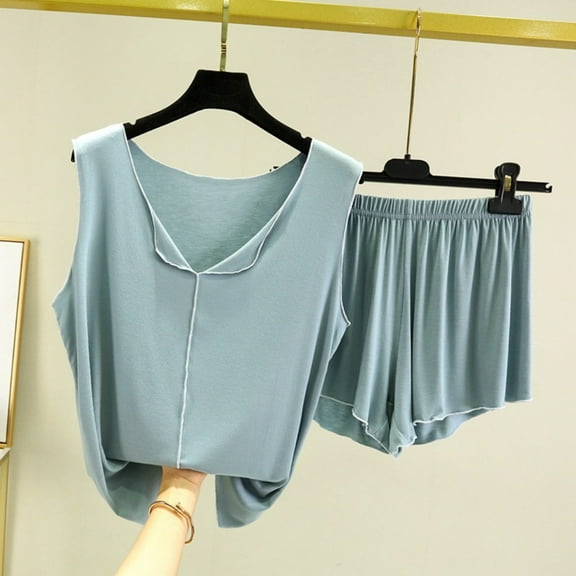 Womens Sleeveless Pajamas Set Soft Casual Sleepwear Tank Tops and Shorts 2 Piece Summer Loungewear Suit Womens Short Pajamas Set Light Blue XL