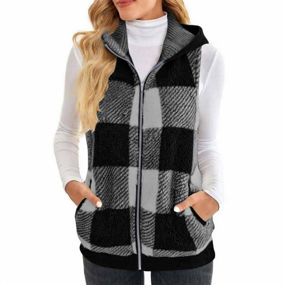 Womens Sleeveless Plaid Vest Casual Sleeveless Zipper Print Hooded Pocket Blouse Shirt Coat(Black 2XL)