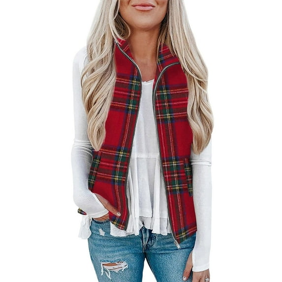 Womens Sleeveless Plaid Vest Wool Jackets Casual Cardigan Outerwear Fall Winter Tops