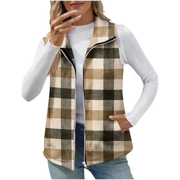 Womens Sleeveless Plaid Vest Wool Jackets Casual Cardigan Outerwear Fall Winter Tops