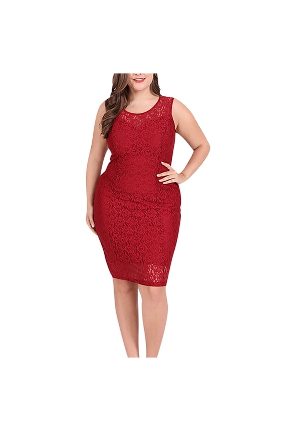 Womens Sleeveless Plus Size Bodycon Dress Floral Lace Solid Knee Length Wedding Guest Dresses for Women Formal Dress