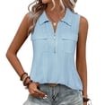 thumbnail image 1 of Womens Sleeveless Collared Shirt Shirt Half Zip Pullover Top Textured Eyelet Knit Breathable Summer Casual Blouse Sky Blue,Size L, 1 of 9