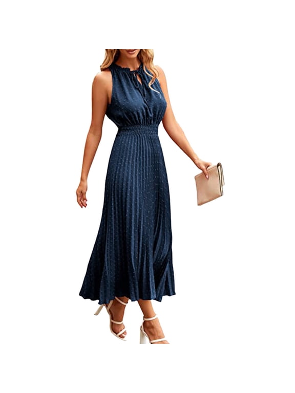 Womens Sleeveless Pretty Midi Summer V Neck Dot Ruffle Sleeveless A Line Beach Sun Dress Casual Dresses for Women Flowing Dresses for Women Ladies Dresses Casual Women Dresses Summer Casual Womens
