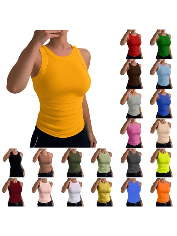 Womens Sleeveless Racerback High Neck Casual Basic Cotton Ribbed Fitted Tank Top Yellow L