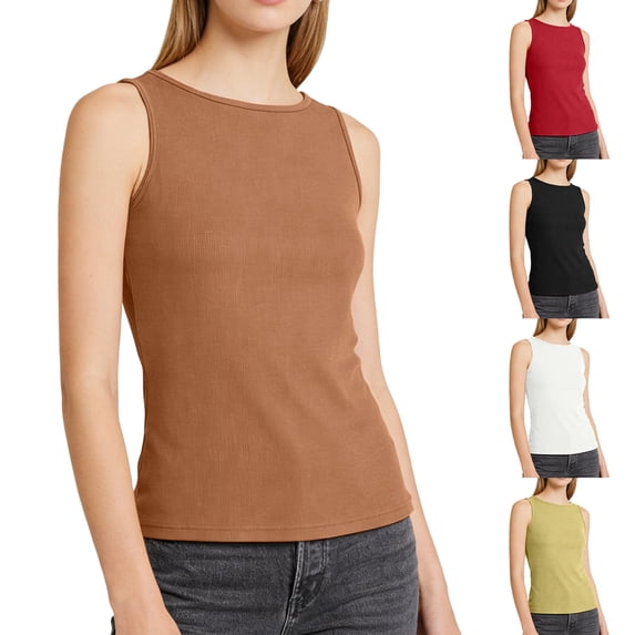 Womens Sleeveless Racerback High Neck Casual Basic Cotton Ribbed Fitted Tank Top with High Round Neck and Slim Fit Red S