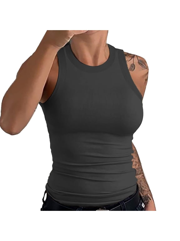 Womens Sleeveless Racerback High Neck Casual Basic Cotton Ribbed Tank Top