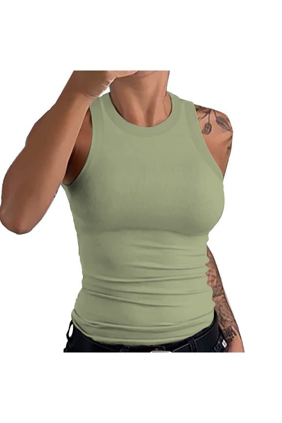 Womens Sleeveless Racerback High Neck Casual Basic Cotton Ribbed Tank Top