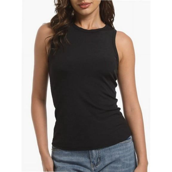 Womens Sleeveless Racerback High Neck Casual Basic Ribbed Fitted Tank Top
