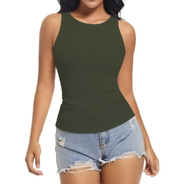 Womens Sleeveless Racerback High Neck Casual Basic Ribbed Fitted Tank Top