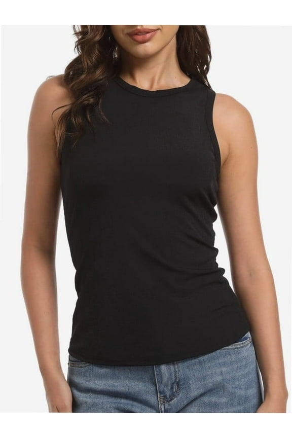Womens Sleeveless Racerback High Neck Casual Basic Ribbed Fitted Tank Top