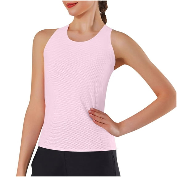 Womens Sleeveless Racerback Tank Top Round Neck Casual Basic Quick-Drying Neted Breathable Fitted Athletic Blouse Summer Gym Workout Shirt