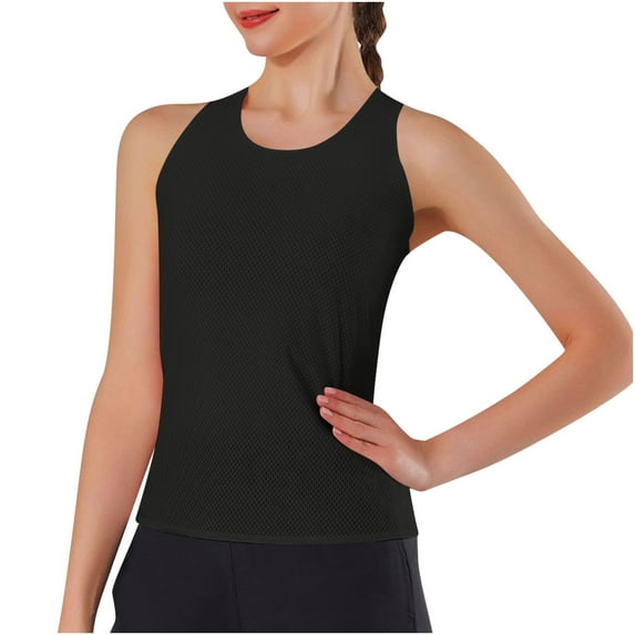 Womens Sleeveless Racerback Tank Top Round Neck Casual Basic Quick-Drying Neted Breathable Fitted Athletic Blouse Summer Gym Workout Shirt