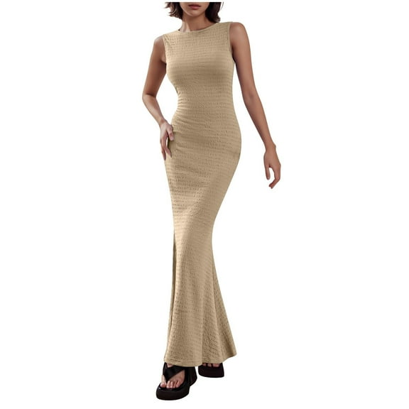 Womens Sleeveless Ribbed Mermaid Maxi Dresses Trendy High Slit Dress with Side Pockets Ladies Stylish Evening Dress