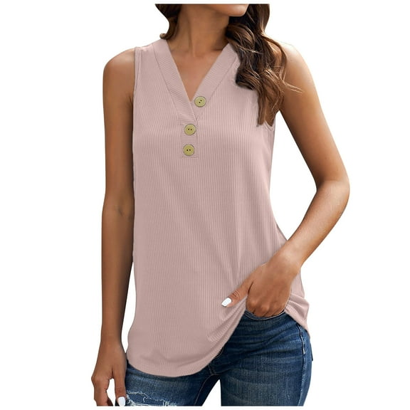 Womens Sleeveless Ribbed Tank Tops Button up V Neck Plain Loose Fit Blouses Summer Casual Comfy T Shirts Tank Vest