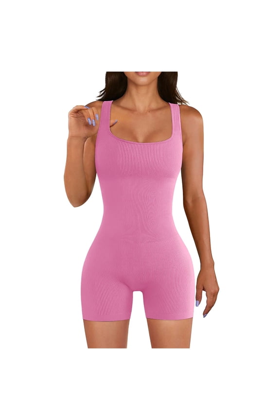 Womens Sleeveless Rompers Square Neck Solid Fitness Ribbed Jumpsuit Stretchy Workout Short Leggings Yoga Jeggings for Women(M,Hot Pink B)