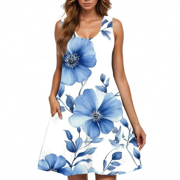 Womens Sleeveless Rose Print Sundress Casual Summer A Line Tank Dress Beach Floral Dress