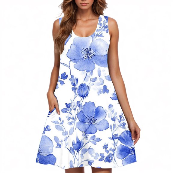 Womens Sleeveless Rose Print Sundress Casual Summer A Line Tank Dress Beach Floral Dress