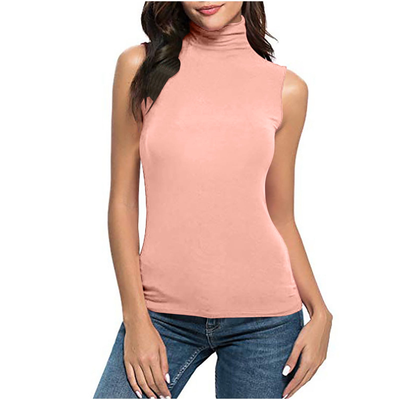 Womens Sleeveless Ruched Mock Turtleneck Tank Tops Slim Fitted Blouse ...