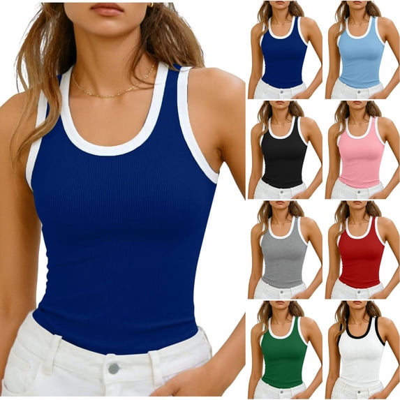 Womens Sleeveless Scoop Neck Tank Top Ribbed Fitted Summer Basic Slim Cute Tops White S